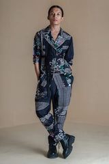 Black Evolution Printed Coat Set With Belt And Printed Black Pants.