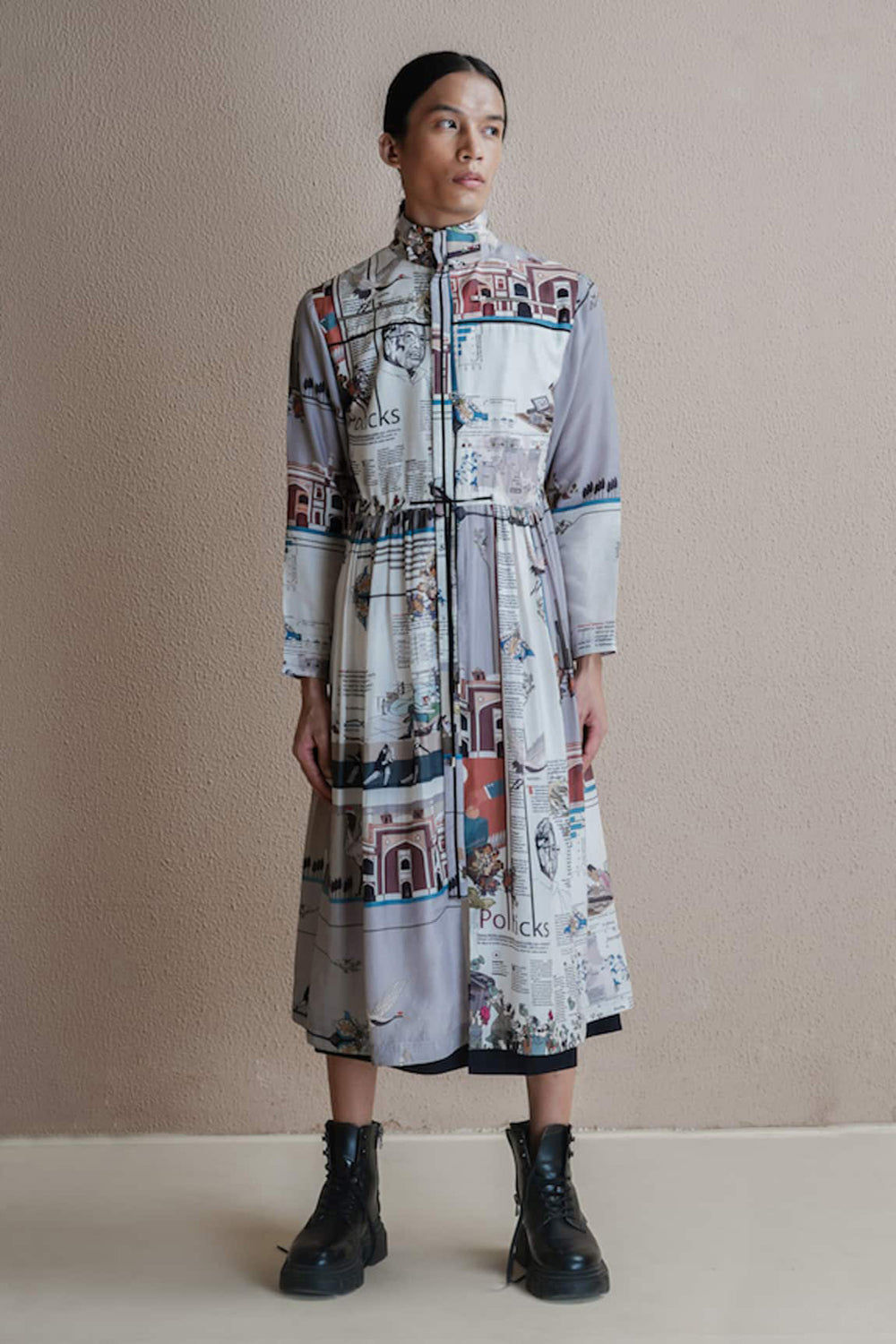 Long Newspaper Printed Dress With Zipper And Turtleneck