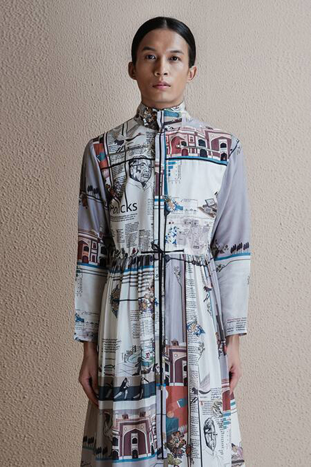 Long Newspaper Printed Dress With Zipper And Turtleneck