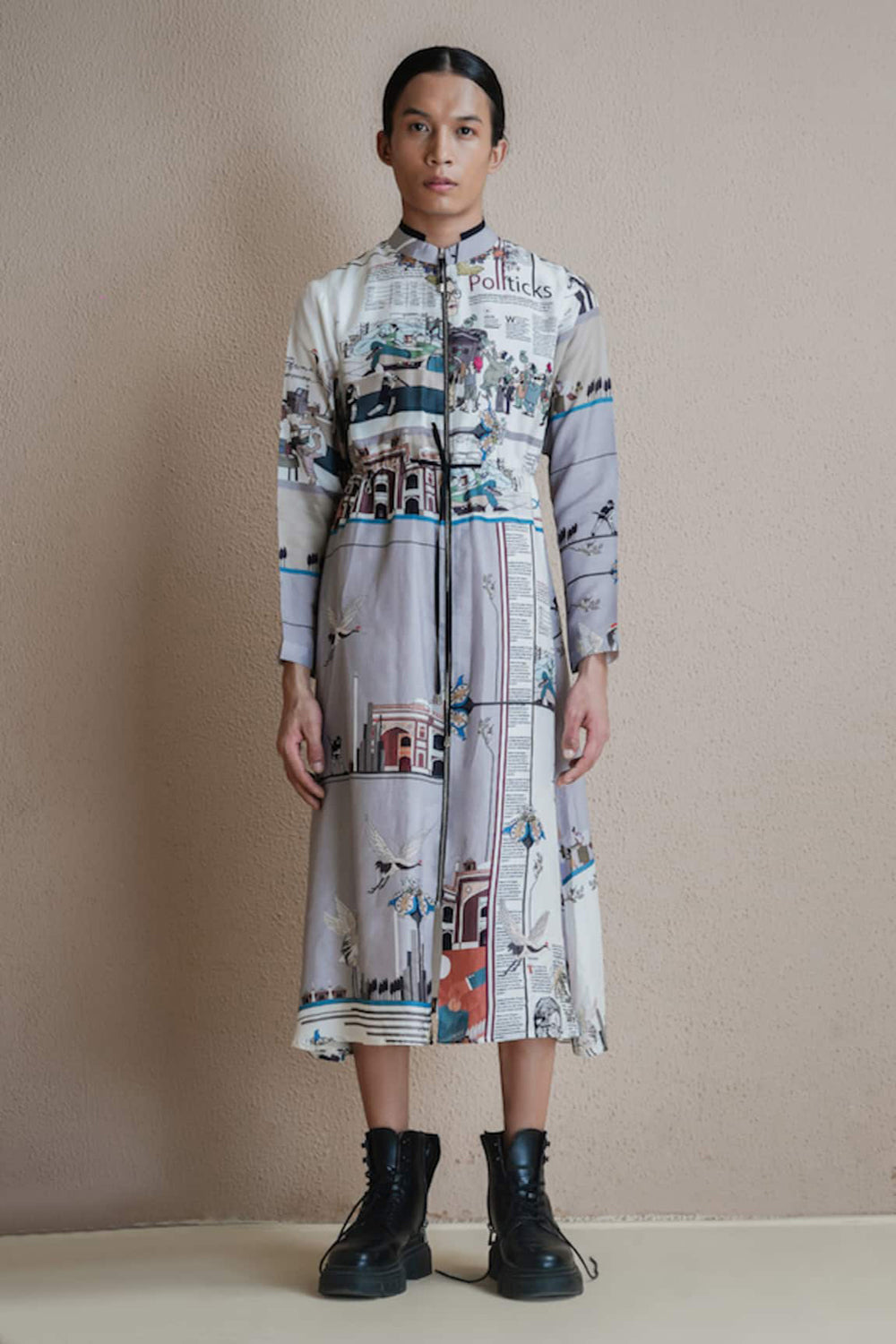 Long Newspaper Printed Dress With Zipper