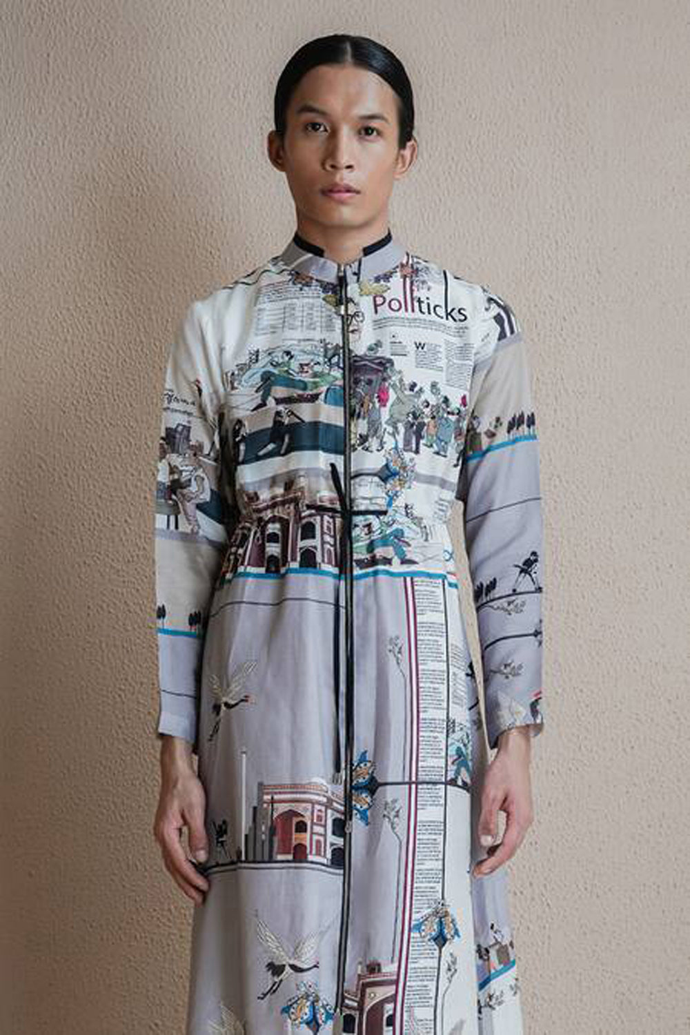 Long Newspaper Printed Dress With Zipper