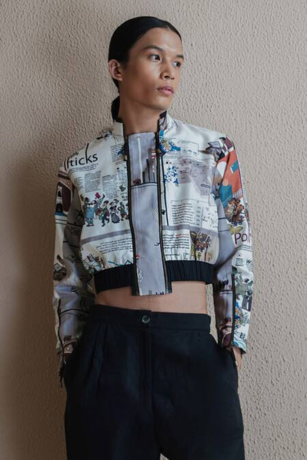 Newspaper Printed Double Zip Jacket With Solid Black Pants