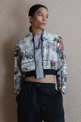 Newspaper Printed Double Zip Jacket With Solid Black Pants