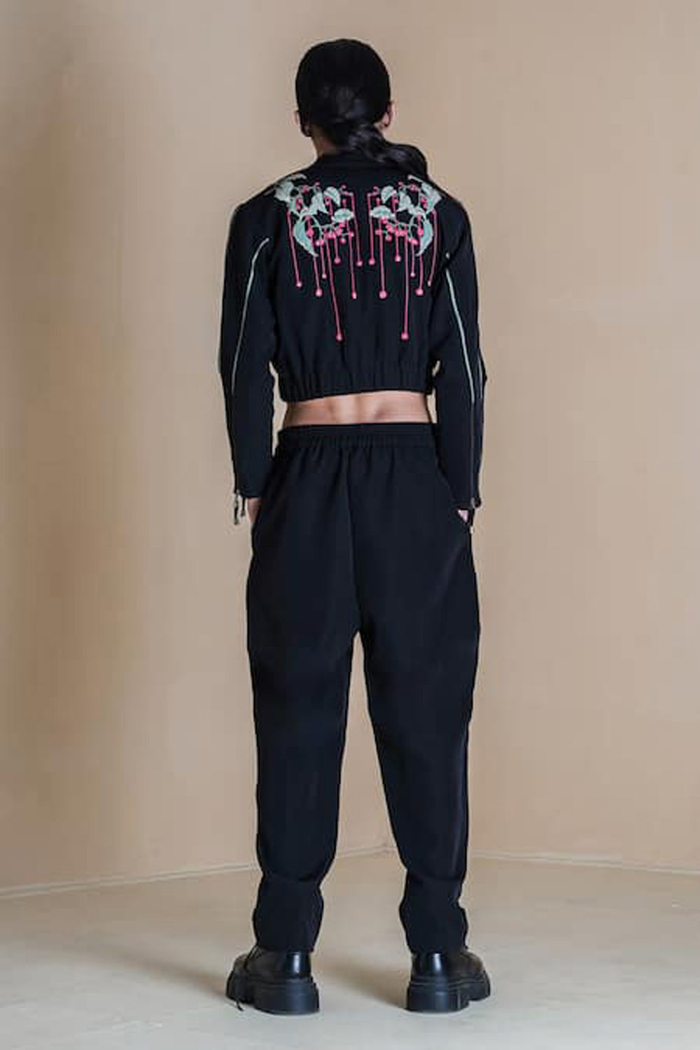 Floral Printed Black Double Zip Jacket With Solid Black Pants