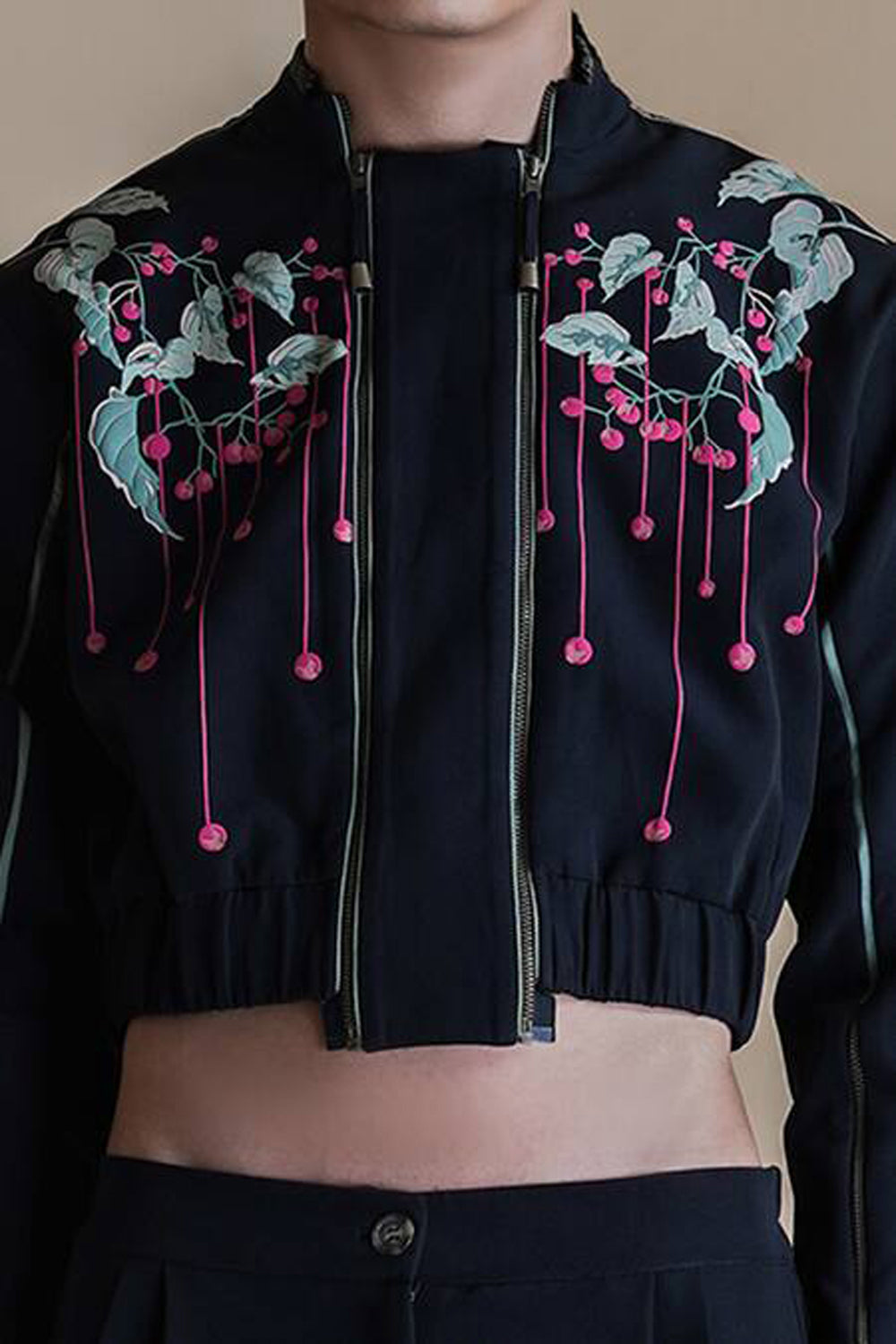 Floral Printed Black Double Zip Jacket With Solid Black Pants