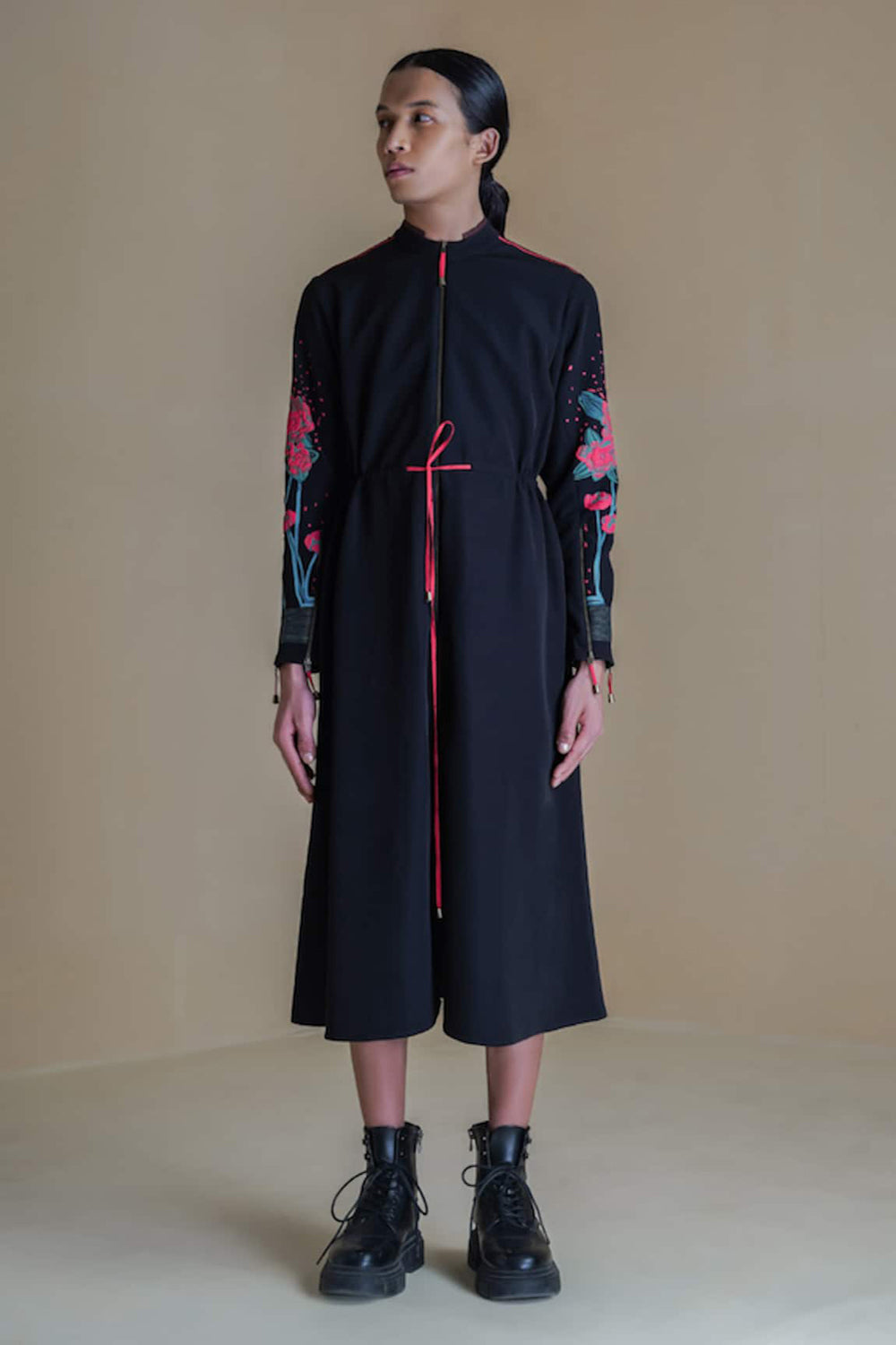 Black And Red Long Florak Dress With Floral Printed Sleeves