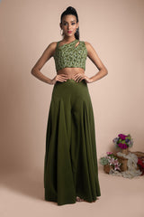 Green Draped Pants And Crop Top Set