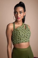 Green Draped Pants And Crop Top Set