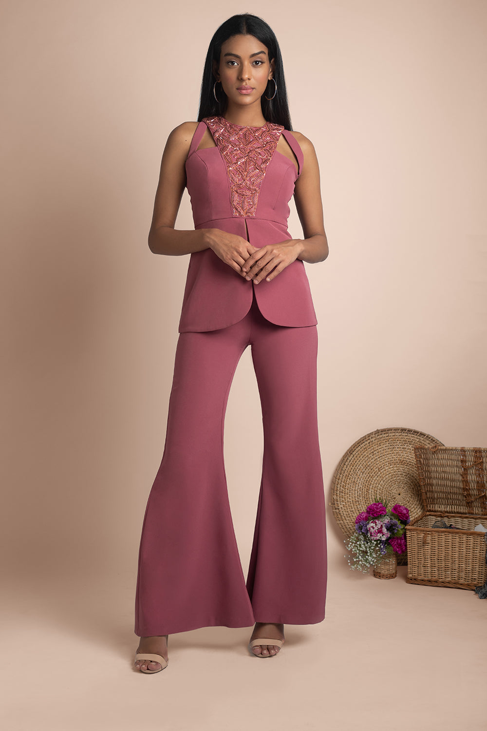 Rose Pink Bell Bottoms And Embroidered Jacket Top