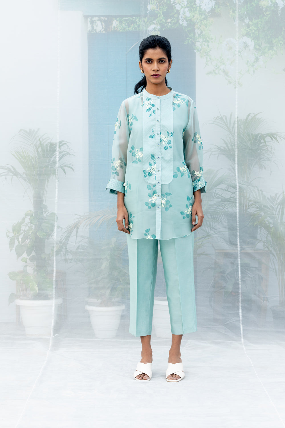 Sunflower Sleeve Embroidered Top With Straight Pants In Silk Chanderi