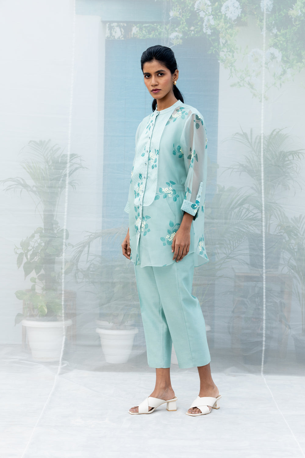 Sunflower Sleeve Embroidered Top With Straight Pants In Silk Chanderi