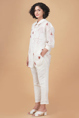 Monochrome Rose Print  Shirt With Fish Embroidery And  Solid Pants In Chanderi