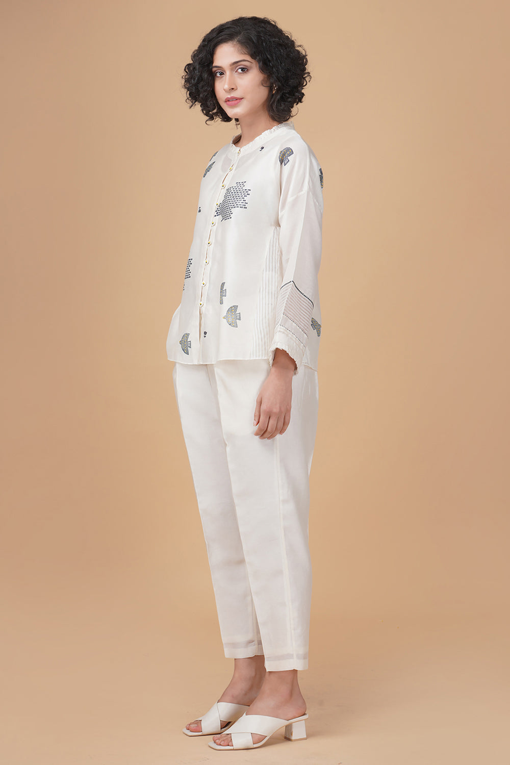 Monochrome Rose Print Side Gusset Top  And Solid Pants In Chanderi