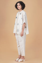 Sunflower Embroidered Pin Tuck Top With High Waist Flare Pants 100% Linen