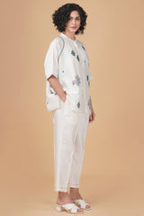 Sunflower Embroidered Pin Tuck Top With High Waist Flare Pants 100% Linen