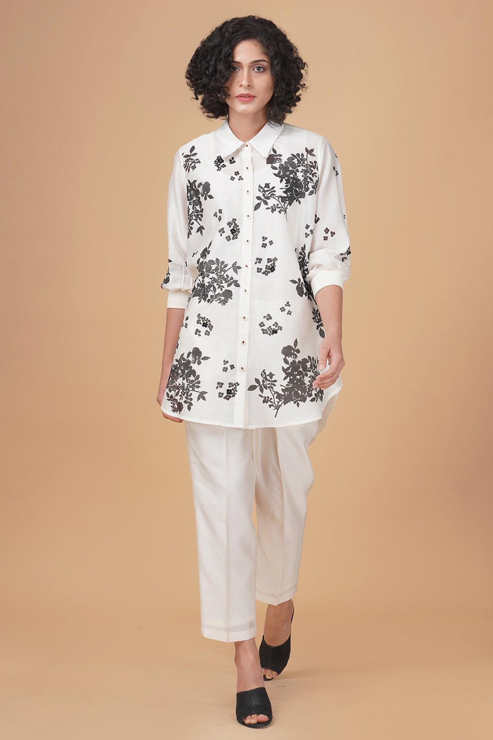 Multi Rose Hand Embroidered  Shirt With Straight Pants In  Silk  Chanderi