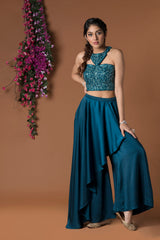 Teal Crop Top With Draped Pants Set