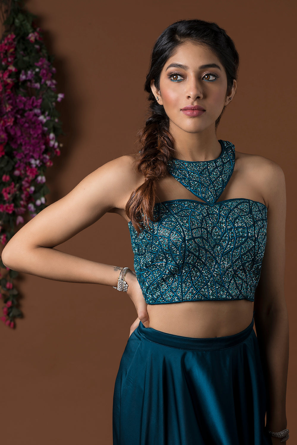 Teal Crop Top With Draped Pants Set