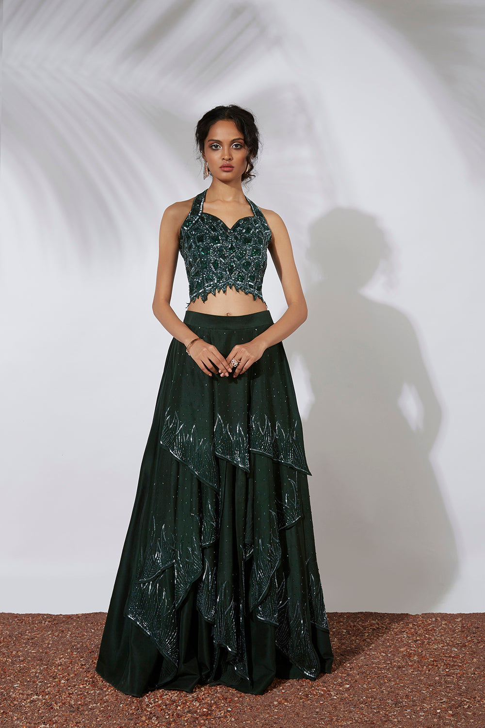 Forest Green 32 Panels Embroidered Lehenga Crop Top Set