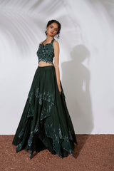 Forest Green 32 Panels Embroidered Lehenga Crop Top Set