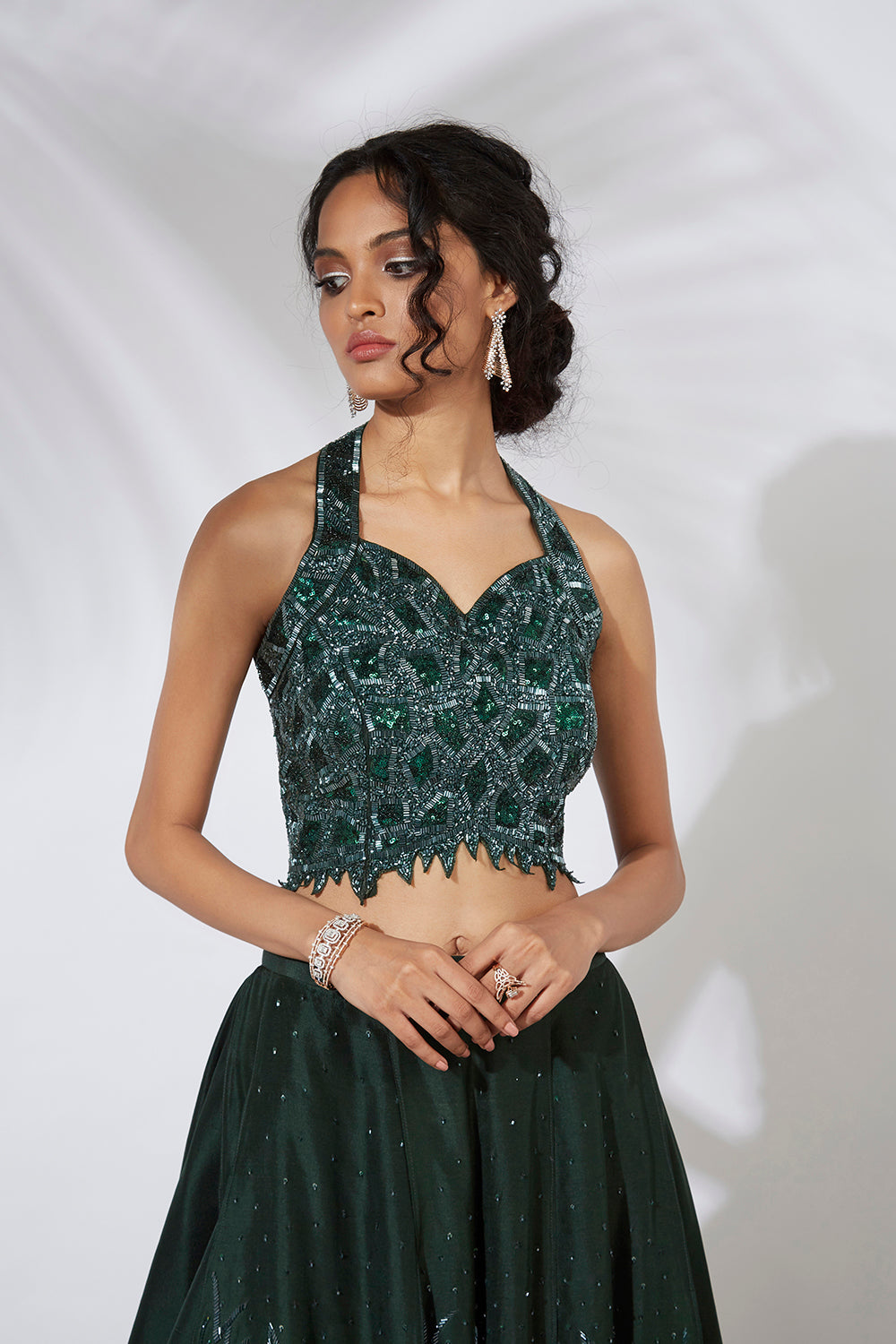 Forest Green 32 Panels Embroidered Lehenga Crop Top Set