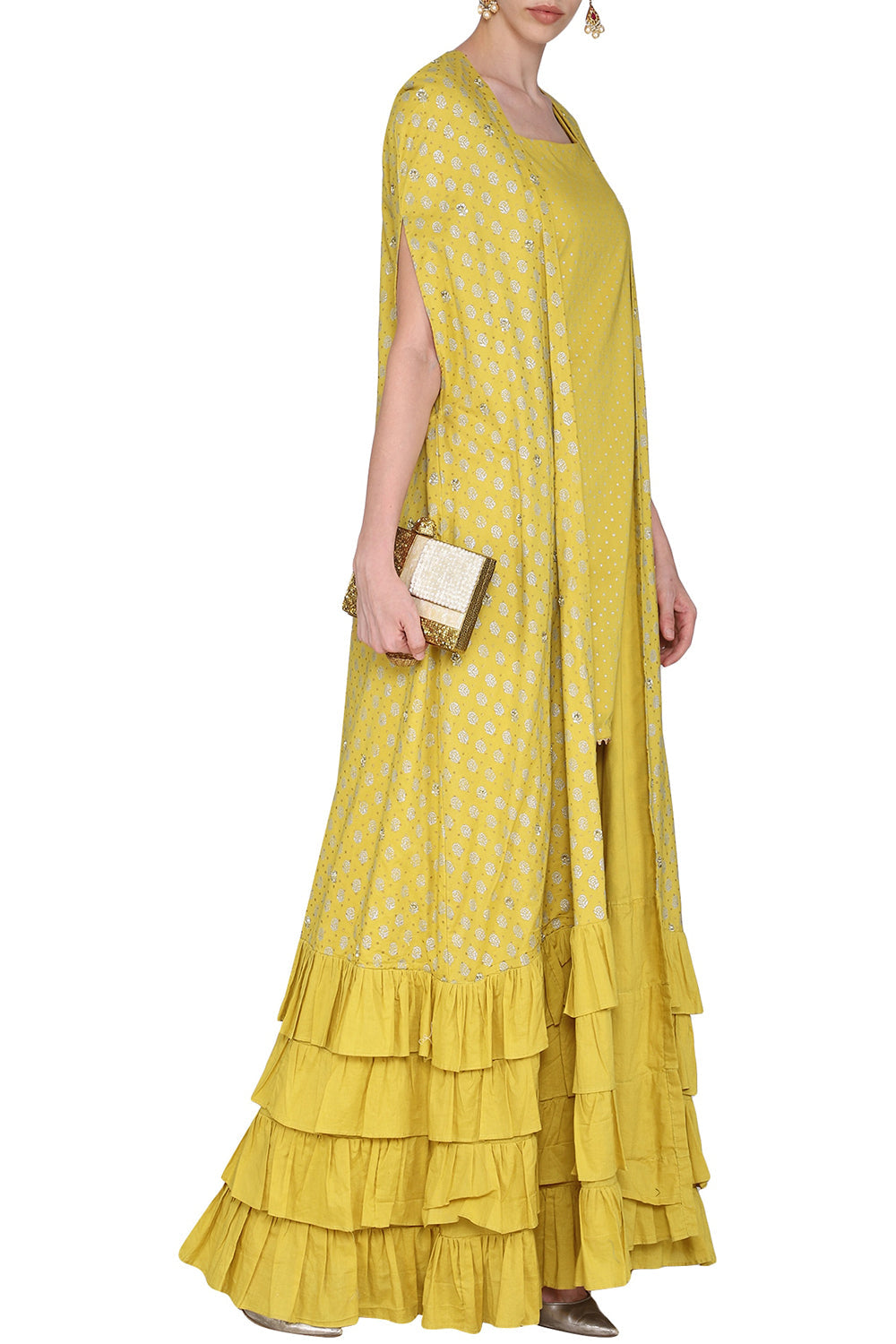 Embroidered With Printed Mustard Kurta Set