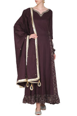 Embroidered Maxi Dress With Maroon Dupatta