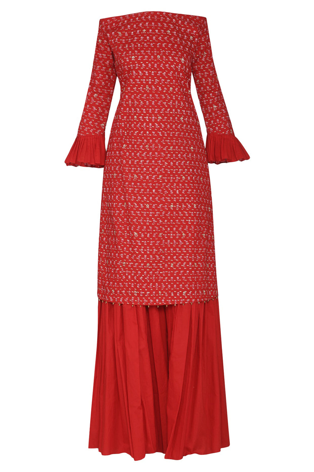 Embroidered Off Shoulder Red Kurta Set