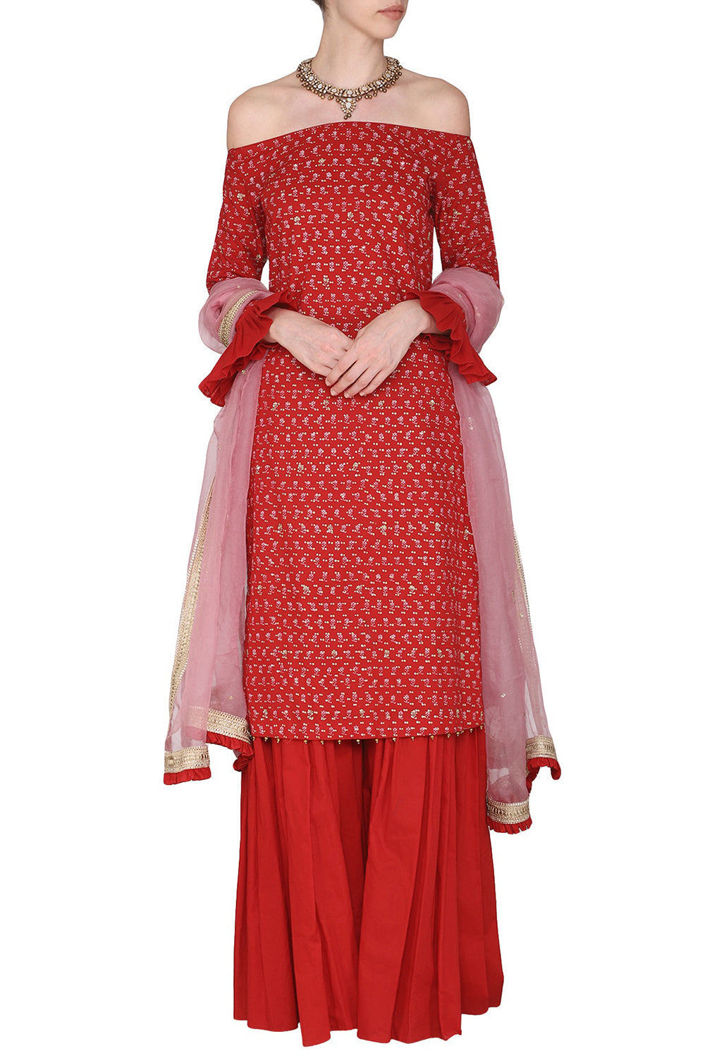 Embroidered Off Shoulder Red Kurta Set