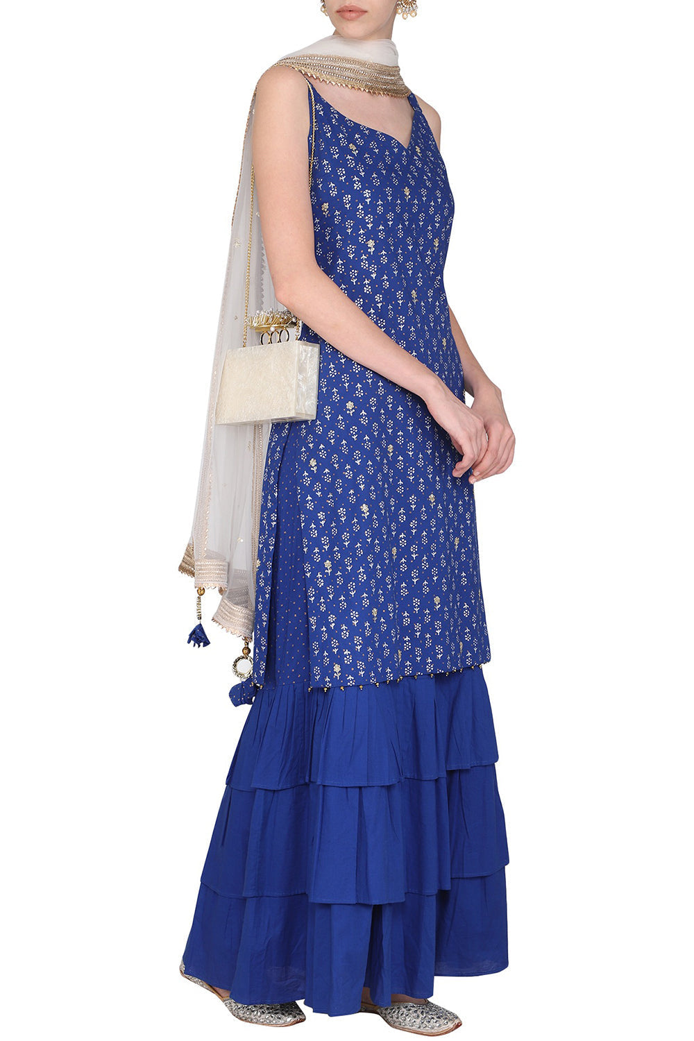 Block Print With Embroidered Electric Blue Kurta Set