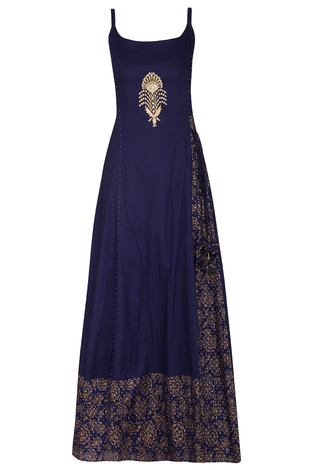 Block Printed Navy Blue Strappy Maxi Dress With Dupatta