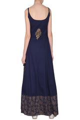 Block Printed Navy Blue Strappy Maxi Dress With Dupatta