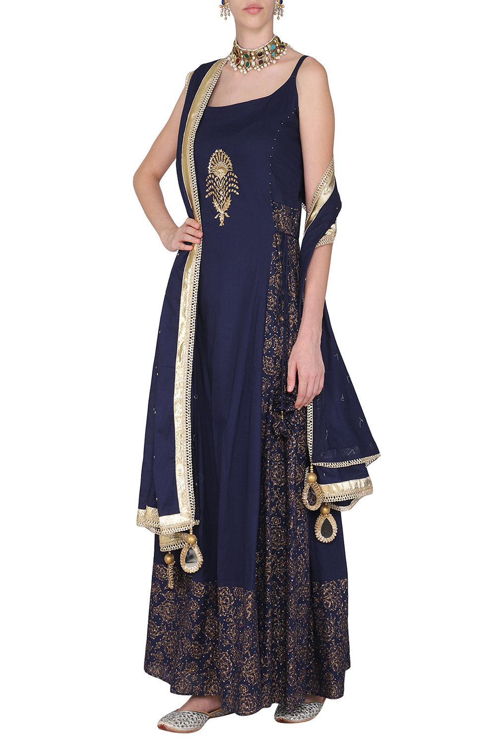 Block Printed Navy Blue Strappy Maxi Dress With Dupatta