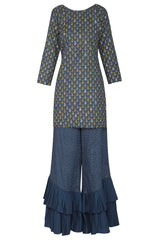 Short Prussian Blue Embroidered With Printed Kurta Set