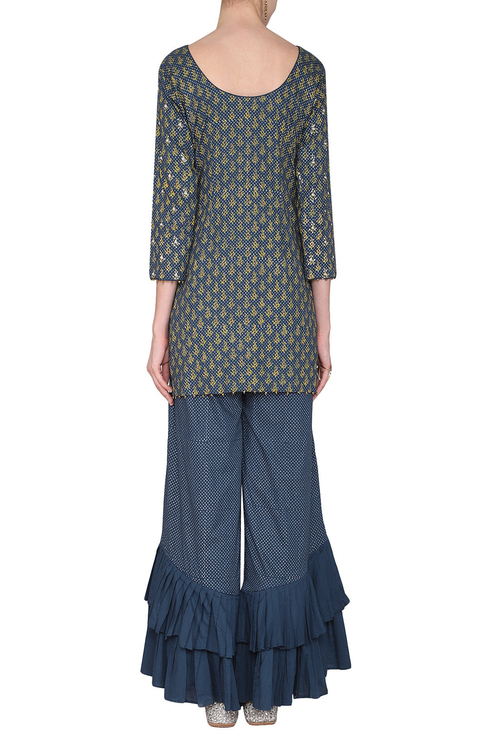 Short Prussian Blue Embroidered With Printed Kurta Set