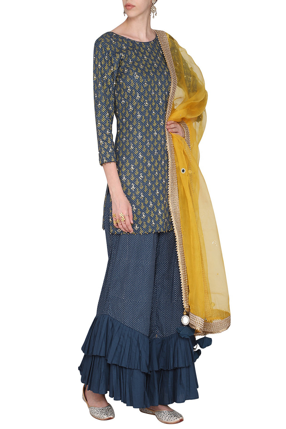 Short Prussian Blue Embroidered With Printed Kurta Set