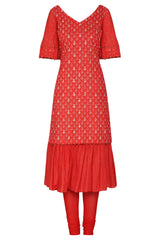 Short Red Embroidered Kurta Set