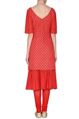 Short Red Embroidered Kurta Set