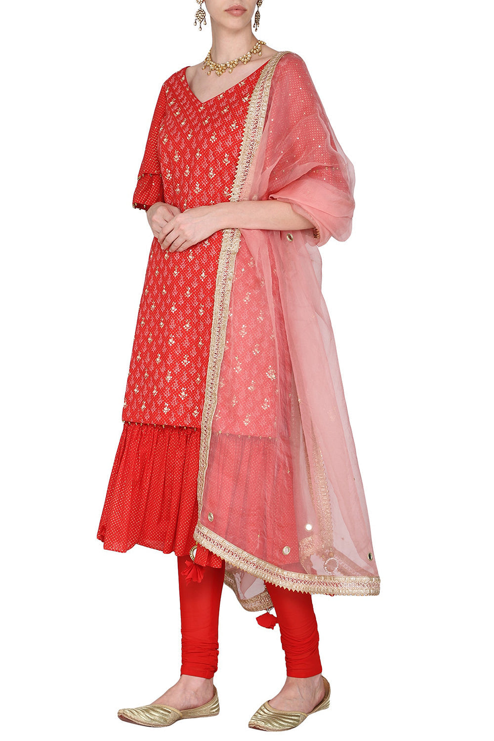 Short Red Embroidered Kurta Set