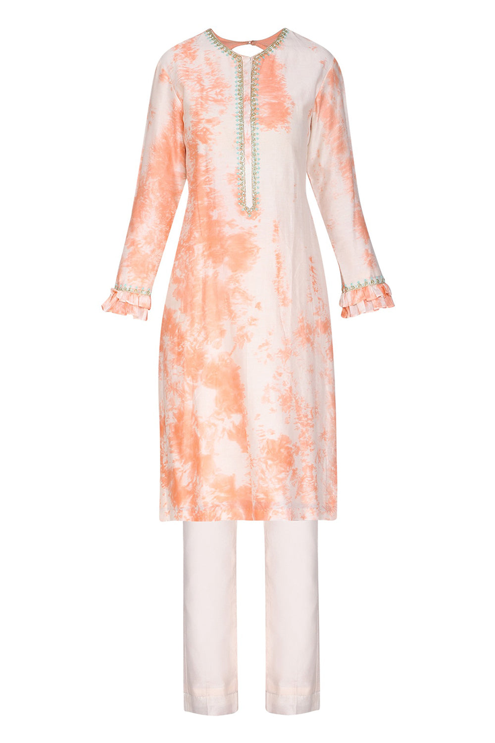 Tie With Dye Blush Peach Embroidered Kurta Set