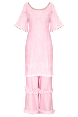 Short Pink Embroidered Kurta Set