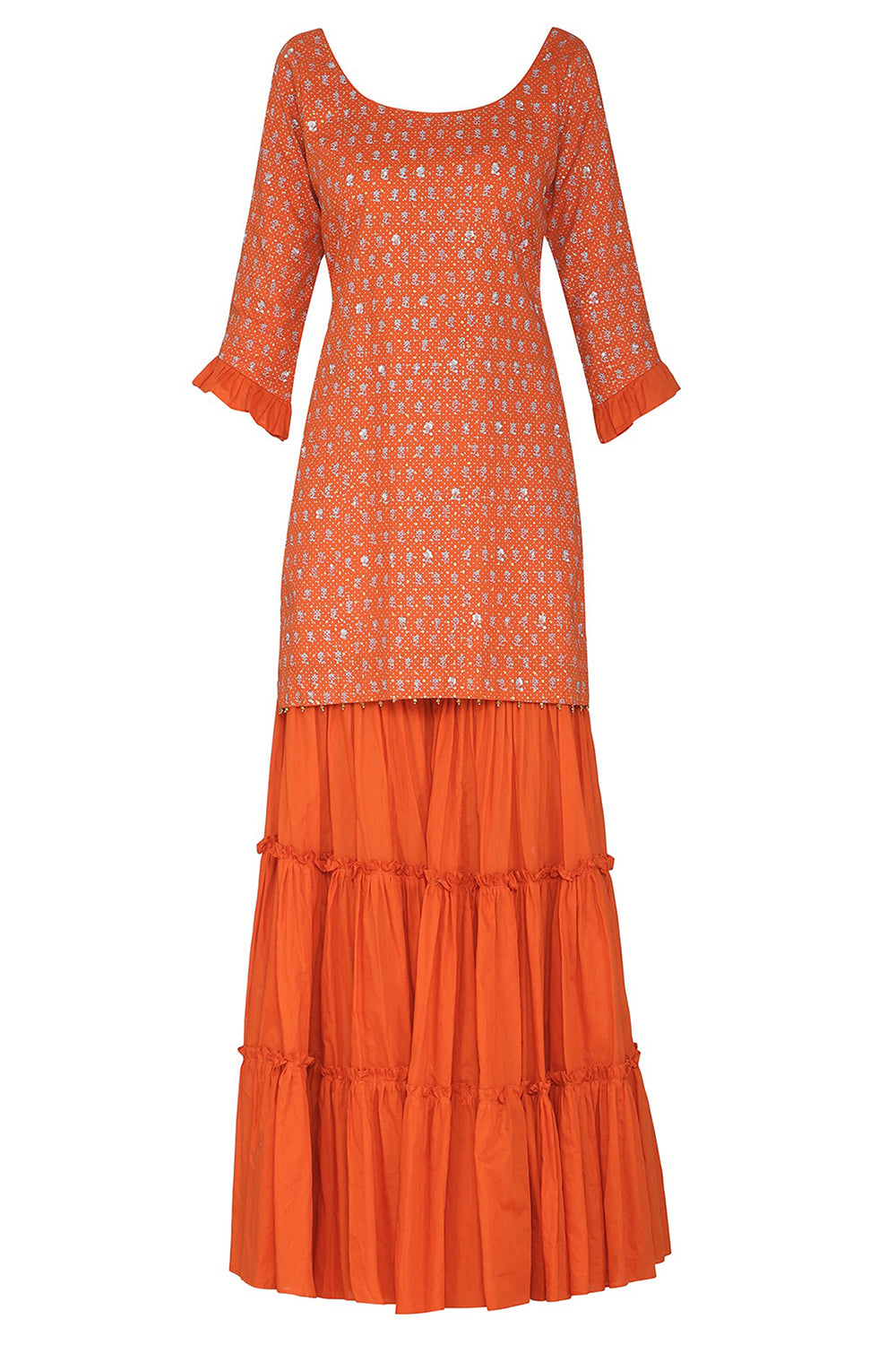 Short Orange Embroidered Kurta Set