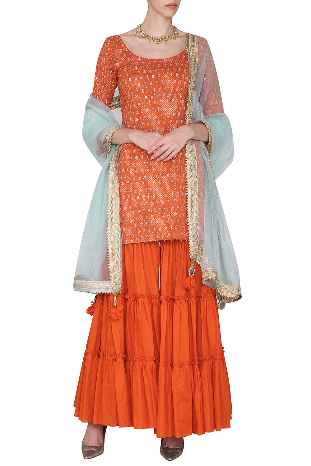 Short Orange Embroidered Kurta Set