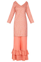 Block Printed Peach With Embroidered Short Kurta Set