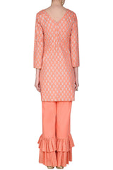 Block Printed Peach With Embroidered Short Kurta Set