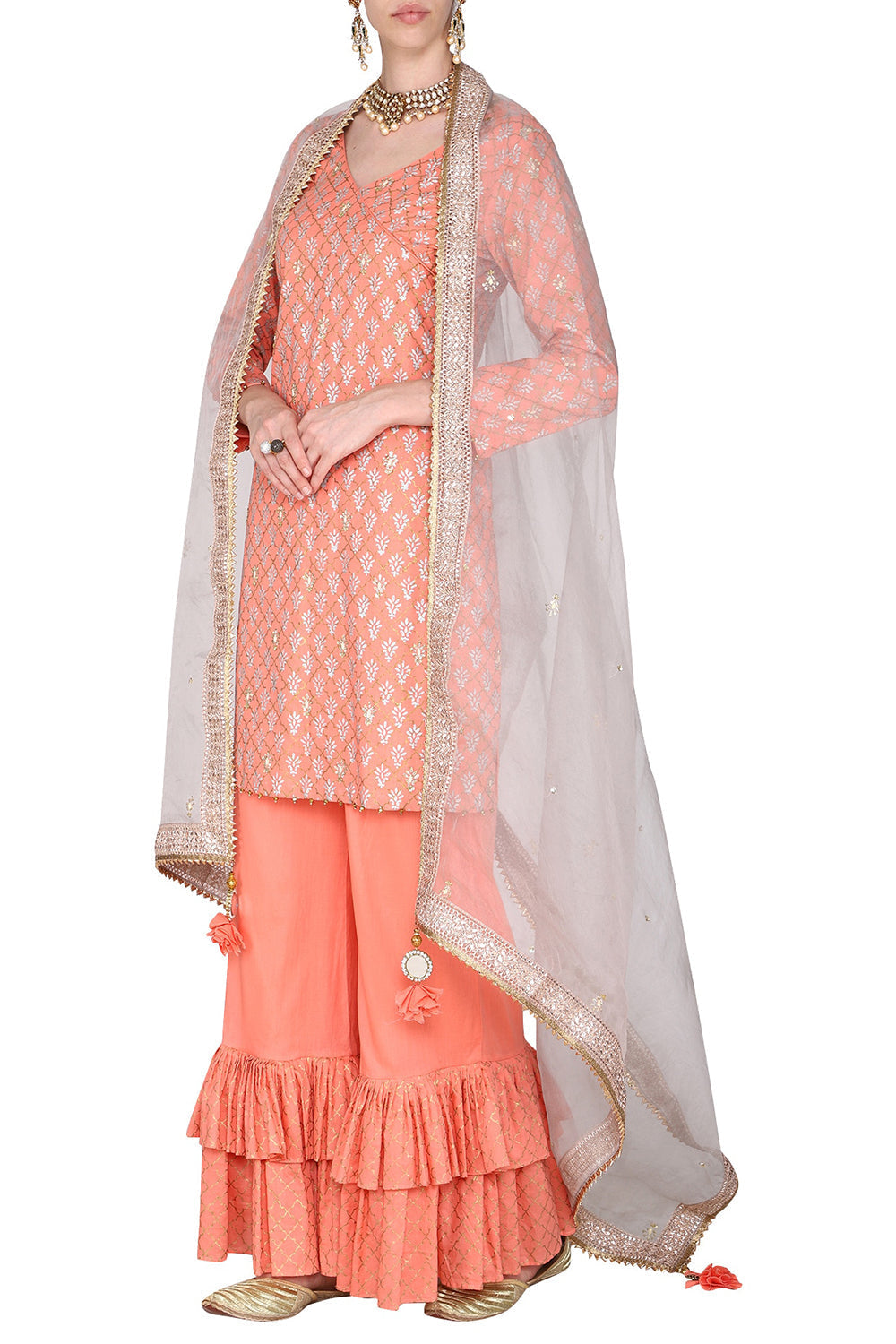 Block Printed Peach With Embroidered Short Kurta Set