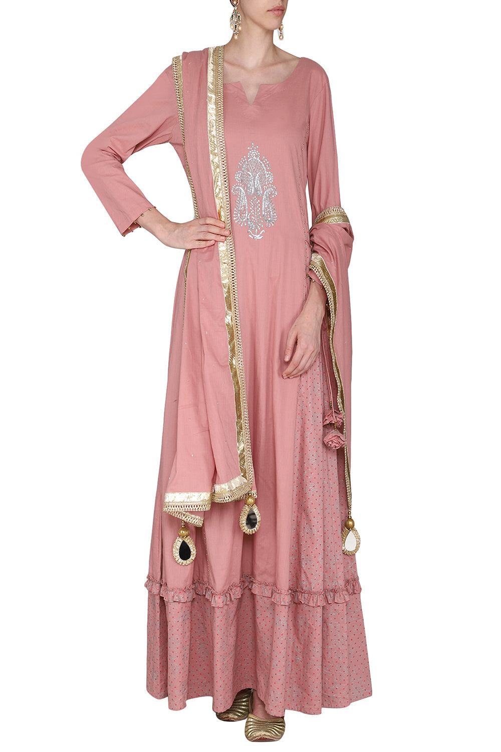 Maxi Dress Dusky Pink With Embroidered Dupatta